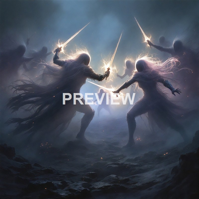 A fantasy scene depicting multiple armored warriors with flowing hair engaged in combat, wielding glowing swords amidst a smoky, dramatic atmosphere.